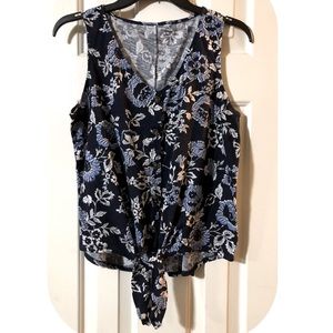 Loft Dark Blue Floral Print tie front Sleeveless Top, Size:  Large Petite